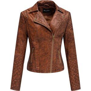 Women's Brown Faux Leather Trendy Motorcycle Outfits Lightweight Casual Jacket